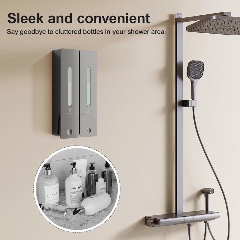 Aeakey Shampoo and Conditioner Dispenser 2-Chamber Wall-Mounted Shower Soap Dispenser, No-Drill Installation, 800ML Capacity, Ideal for Bathrooms and Hotels (Gun Grey) - Image 2